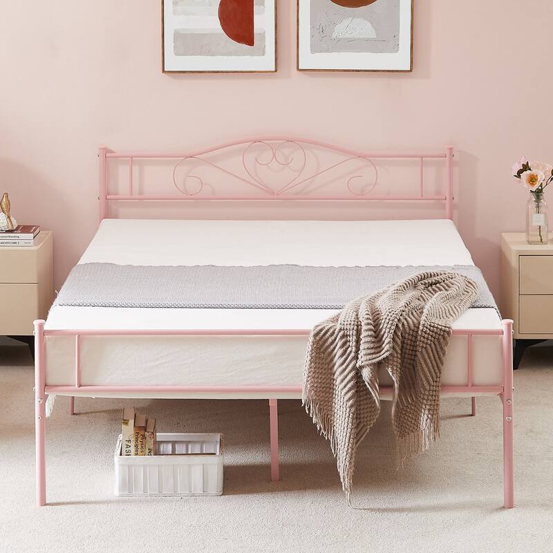 Javlergo Metal Platform Bed Frame with Modern Headboard, No Box Spring Needed - Pink - Full