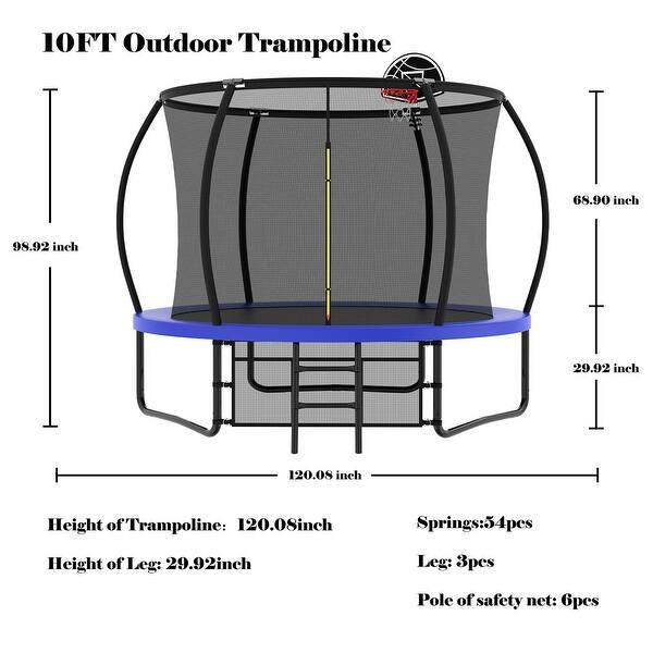 dimension image slide 1 of 2, 10 ft. Round Outdoor Trampoline with Basketball Hoop, Enclosure Net and Ladder