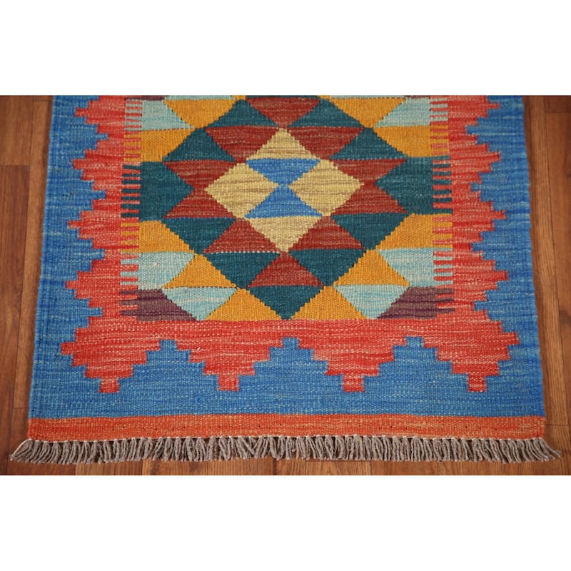 Geometric Multicolor Kilim Runner Rug Hand-Woven Wool Carpet - 2'2"x 6'6"