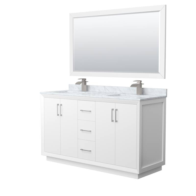 Strada 60-Inch Double Vanity Set, Carrara Marble Top, 58-Inch Mirror - White, Nickel Trim, Carrara Marble Top