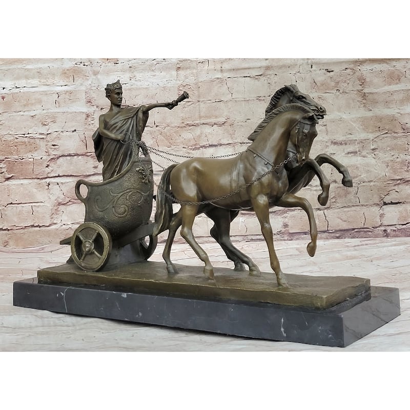 Roman Caesar Pulled By Horses On Chariot Bronze Statue Sculpture Figure 11 Inches X 17 Inches