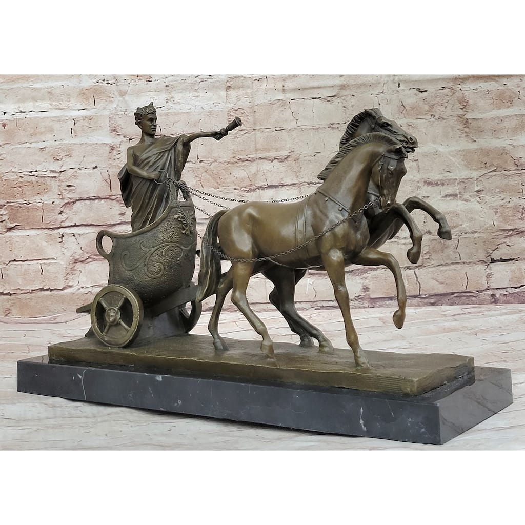 Roman Caesar Pulled By Horses On Chariot Bronze Statue Sculpture Figure 11 Inches X 17 Inches