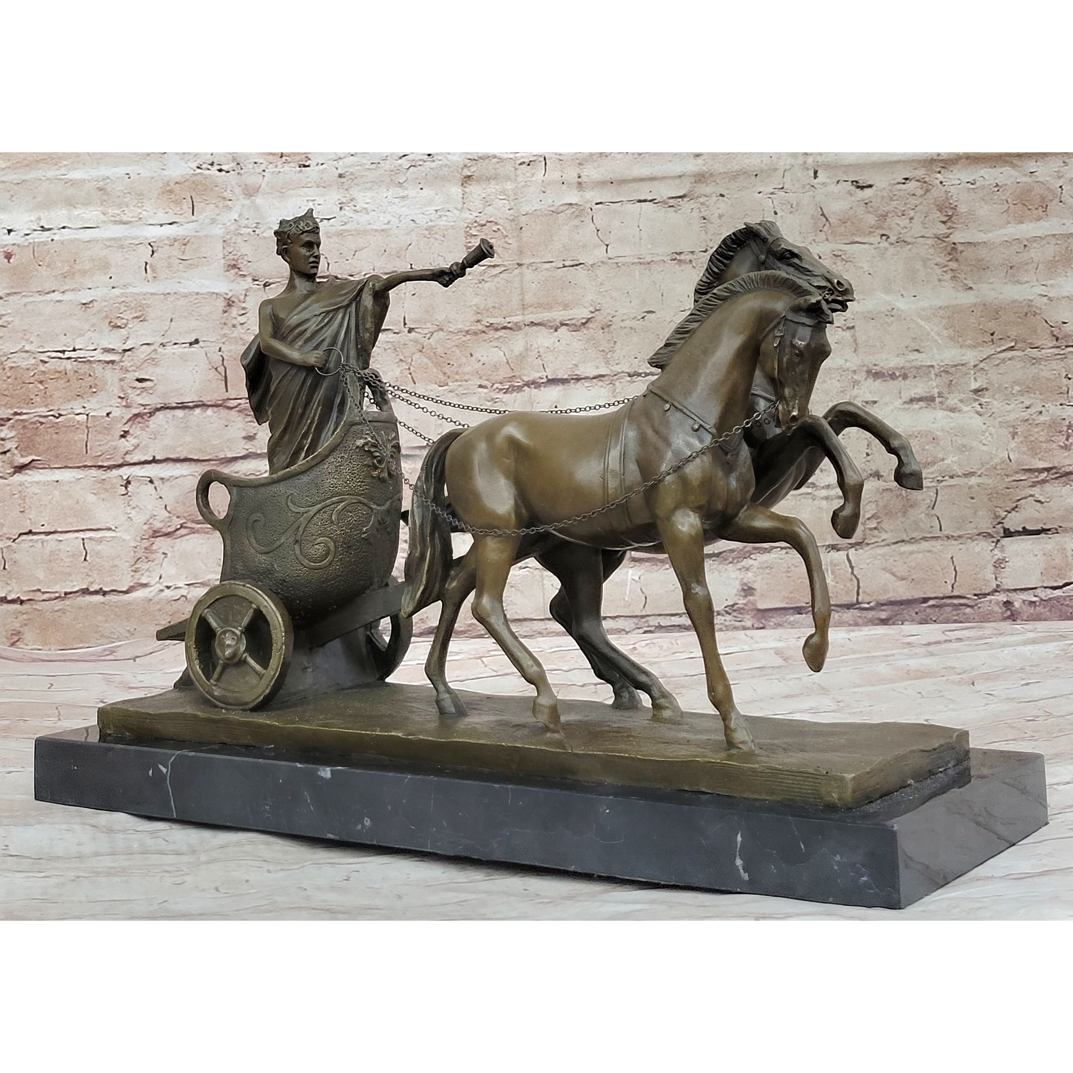 Roman Caesar Pulled By Horses On Chariot Bronze Statue Sculpture Figure 11 Inches X 17 Inches