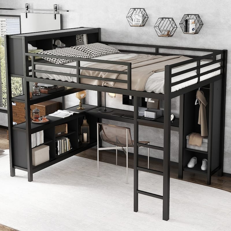 Metal Loft Bed with Wardrobe,L-shaped Desk,Storage Cubes and Shelves