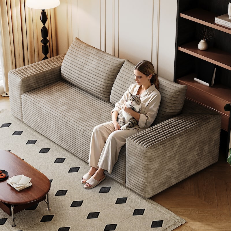 Large Ergonomic Deep Seat Sofa Corduroy Upholstered Loveseat Couch, Versatile Compression Lounge Sofa, No Assembly