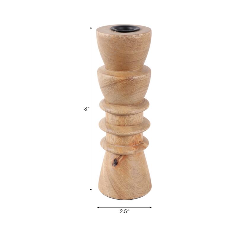 Mango Wood Modern Totem Carved Taper Holder - Tan