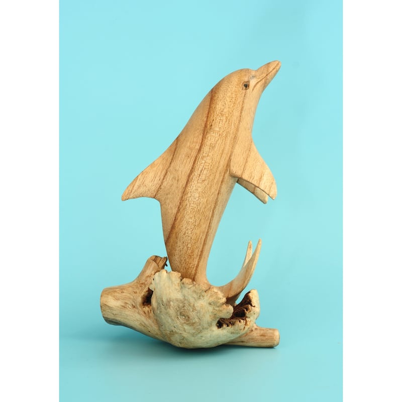 Wooden Hand Carved Single Dolphin Statue Sculpture Wood Home Decor Figurine Handcrafted Handmade Seaside Tropical