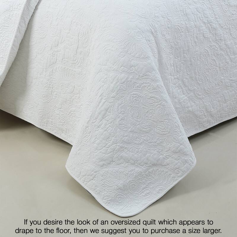 Cozy Line Classic Orient Damask Medallion Stitch Solid White Cotton 3 Piece Reversible Quilt Bedding Set