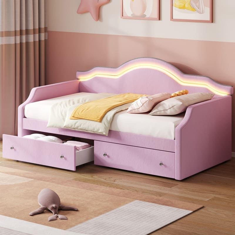 Twin Size Upholstered Daybed with LED and 2 Drawers - Pink