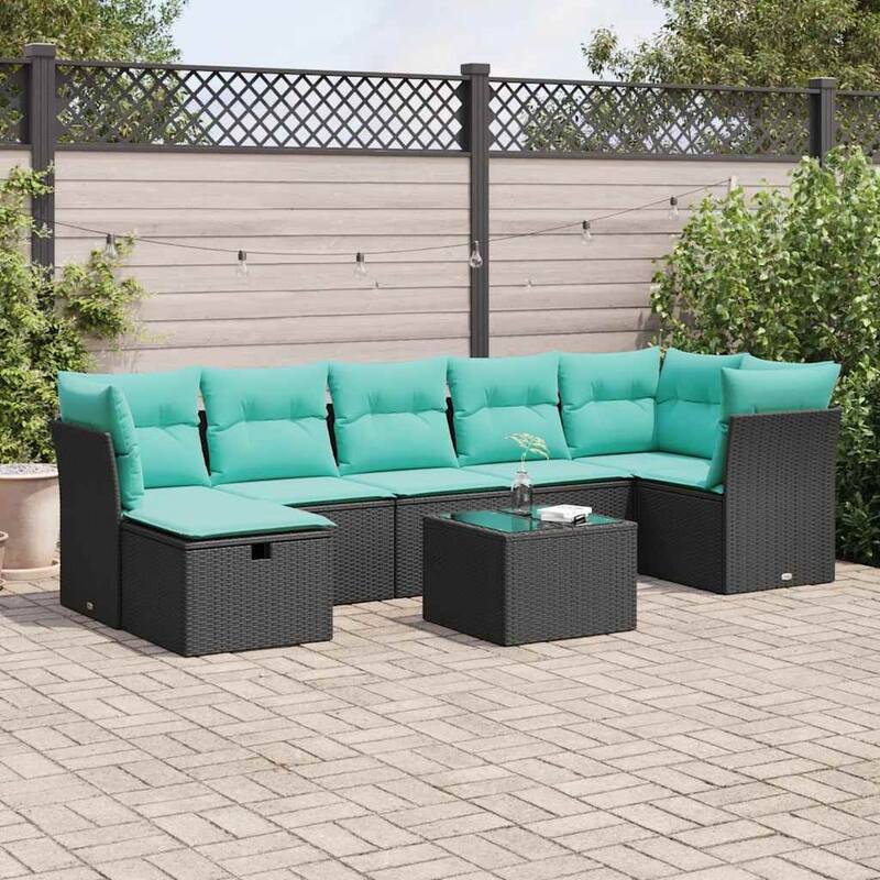 vidaXL 7 Piece Patio Sofa Set with Cushions Black Poly Rattan - 21.7 x 24.4 x 27.2 - Black-with storage - includes 8 pieces