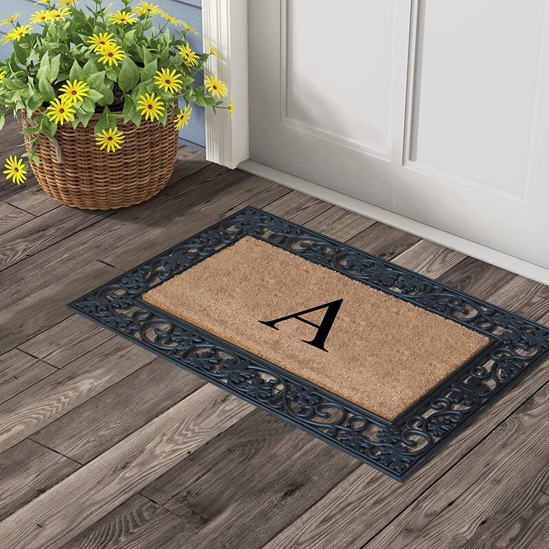 A1HC Rubber and Coir Dirt Trapper Heavy Weight Large Monogrammed Doormat, Black