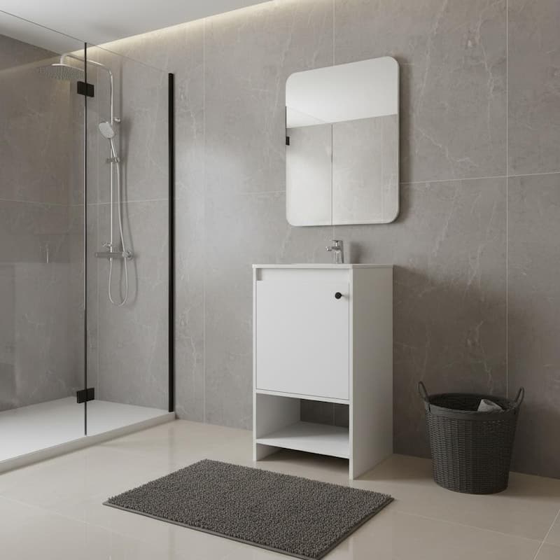 HomeRoots 18" White Wood Freestanding Single Door Bathroom Vanity With Sink - 17.70 in. x 33.50 in. x 17.70 in. - 17.70 in. x 33.50 in.  x 17.70 in. - Polished - White