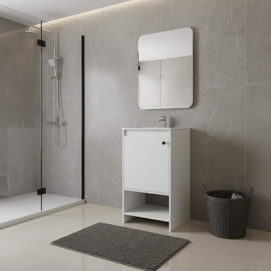 HomeRoots 18" White Wood Freestanding Single Door Bathroom Vanity With Sink - 17.70 in. x 33.50 in. x 17.70 in.