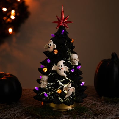 LED Lighted Skull and Ghost Halloween Tree - 12" - Black