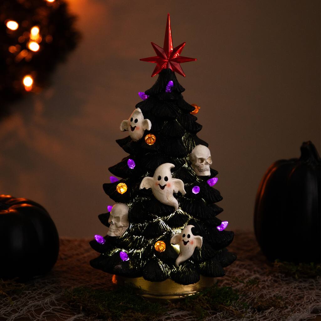 LED Lighted Skull and Ghost Halloween Tree - 12"