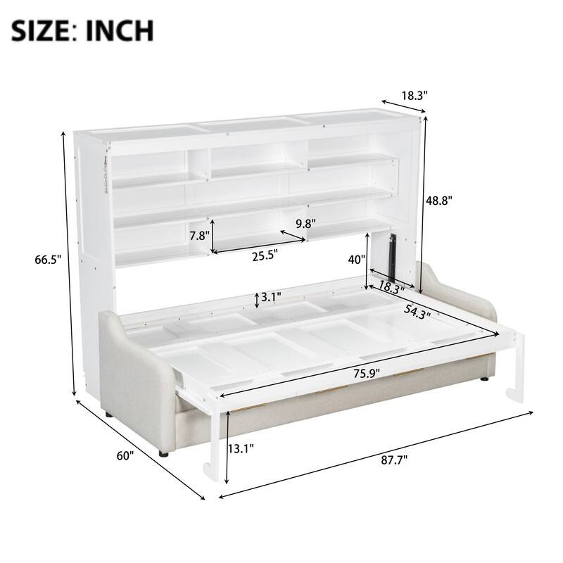 Full/Queen Size Murphy Cabinet Bed with Folding Sofa, Storage Bed Frame with Built-in Bookshelf and LED Light