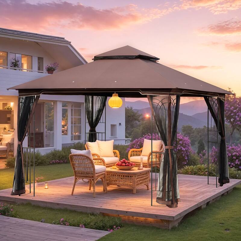9'X9' Outdoor Steel Gazebo, Double Roof Patio Canopy with Netting, Curtains & Hanging Hooks for Backyard Deck Garden