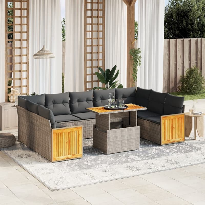 vidaXL Patio Sofa Set with Cushions Outdoor Furniture 10 Piece Poly Rattan - Grey - 21.7 x 39.4 x 28.7 in