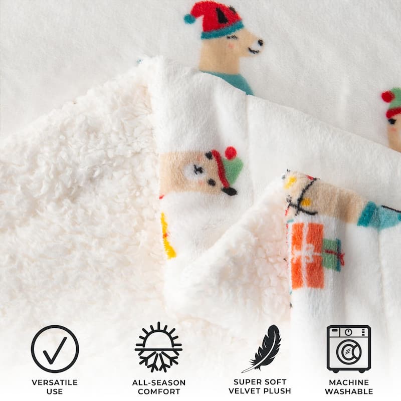 Linery & Co. Velvet Plush Fleece Reversible Sherpa Holiday Printed Throw.