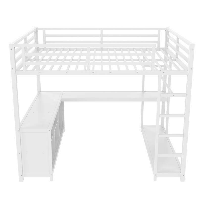 Metal Loft Bed with Wardrobe and L-shaped Desk, Queen Size Loft Bed with Storage Cubes and Shelves