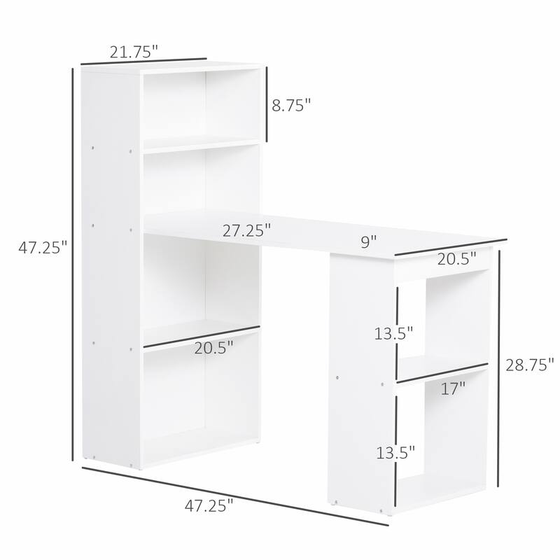 Modern Home Office Desk with 6-Tier Storage Shelves, 47" Writing Table with Bookshelf, White
