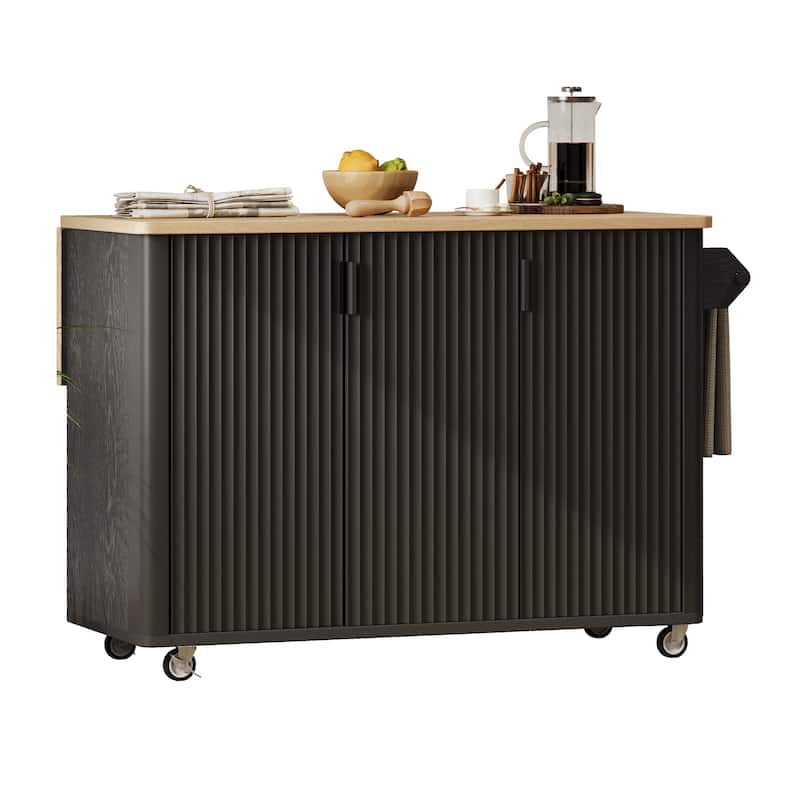 Fluted Kitchen Island with Drop Leaf, Mobile Kitchen Island on Locking Wheels, Rolling Kitchen Cart with Towel Rack