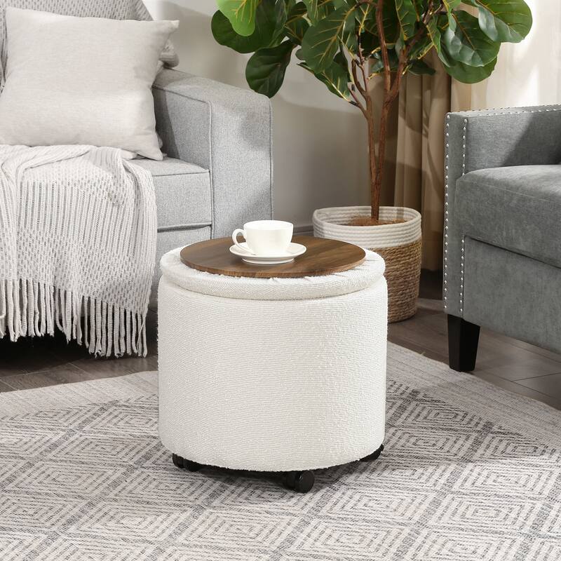 Adeco Faux Leather Round Storage Ottoman with Tufted