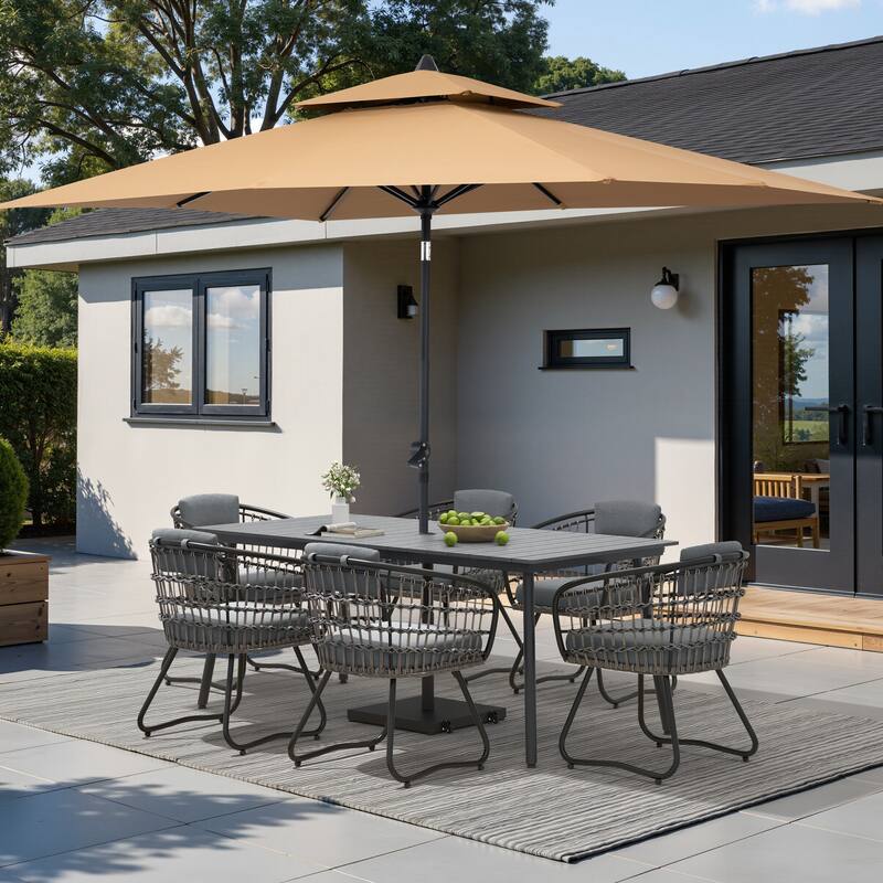 9/11-piece Outdoor Dining Set w/ Umbrella and Base Aluminum Dining Table and PE Rattan Chairs