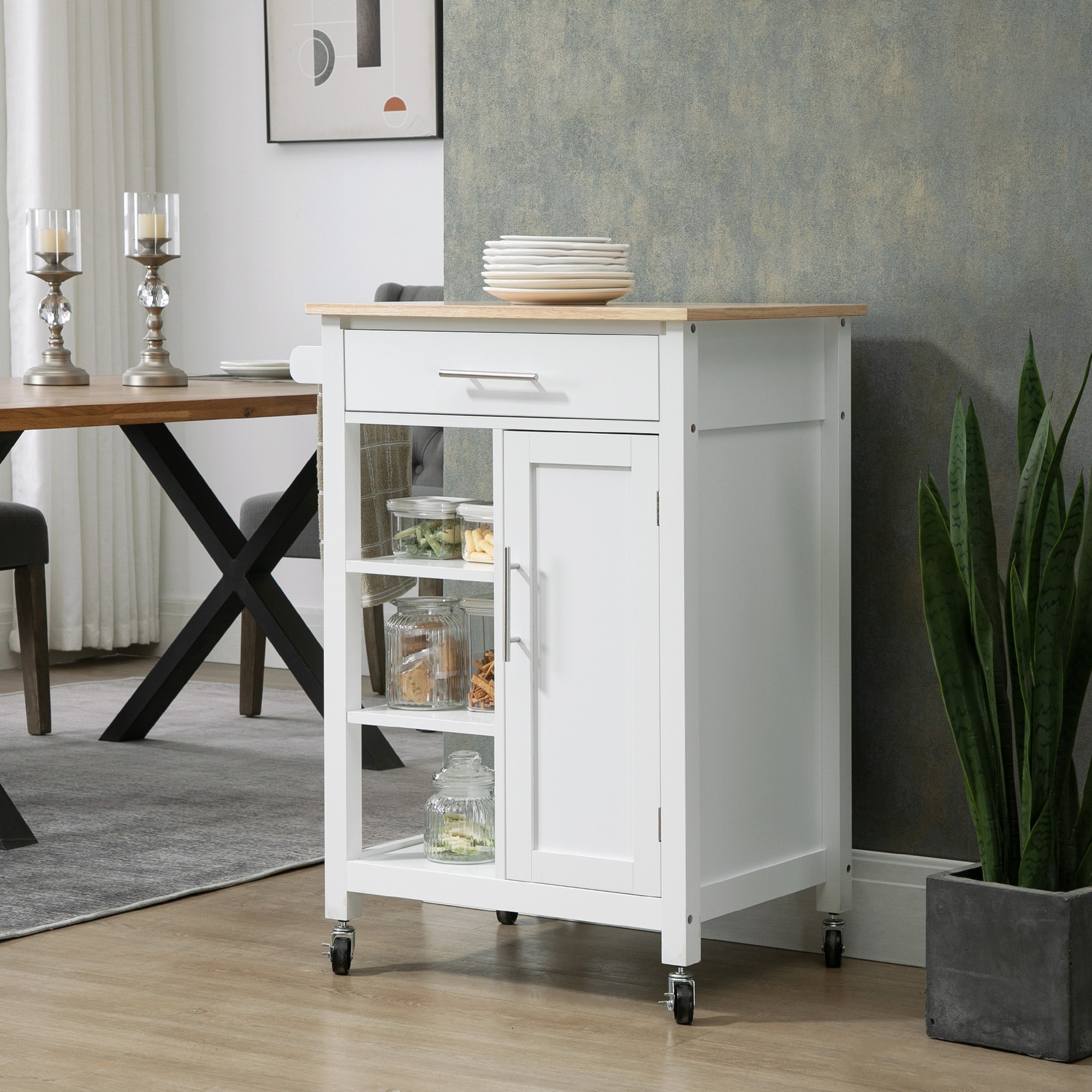 HOMCOM Compact Kitchen Island Cart on Wheels, Rolling Utility Trolley Cart with Storage Shelf & Drawer for Dining Room