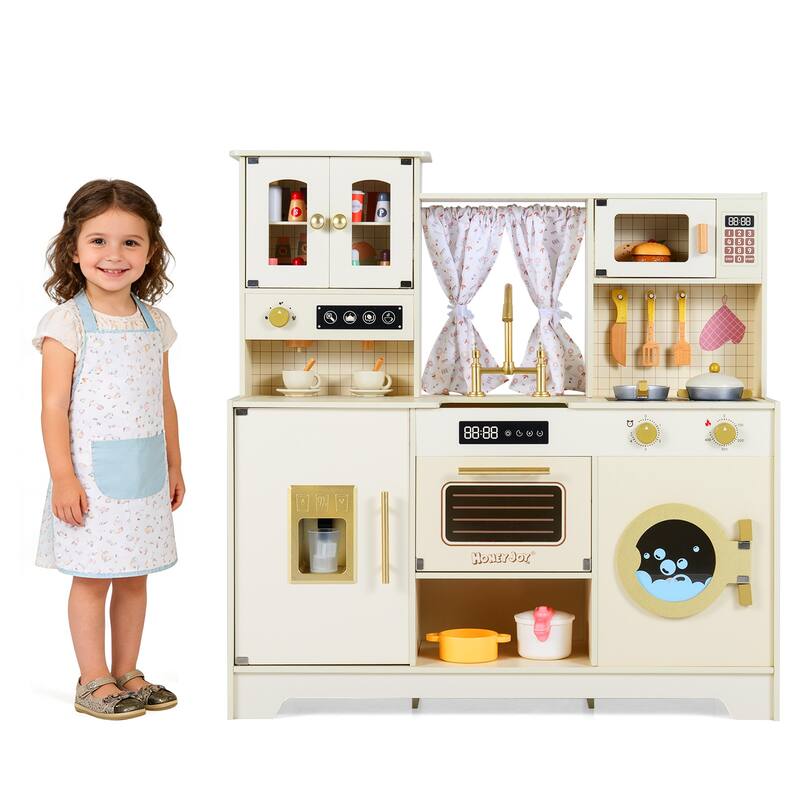 Gymax Kids Play Kitchen Wooden Toy Kitchen Playset w/ 14 Accessories - White