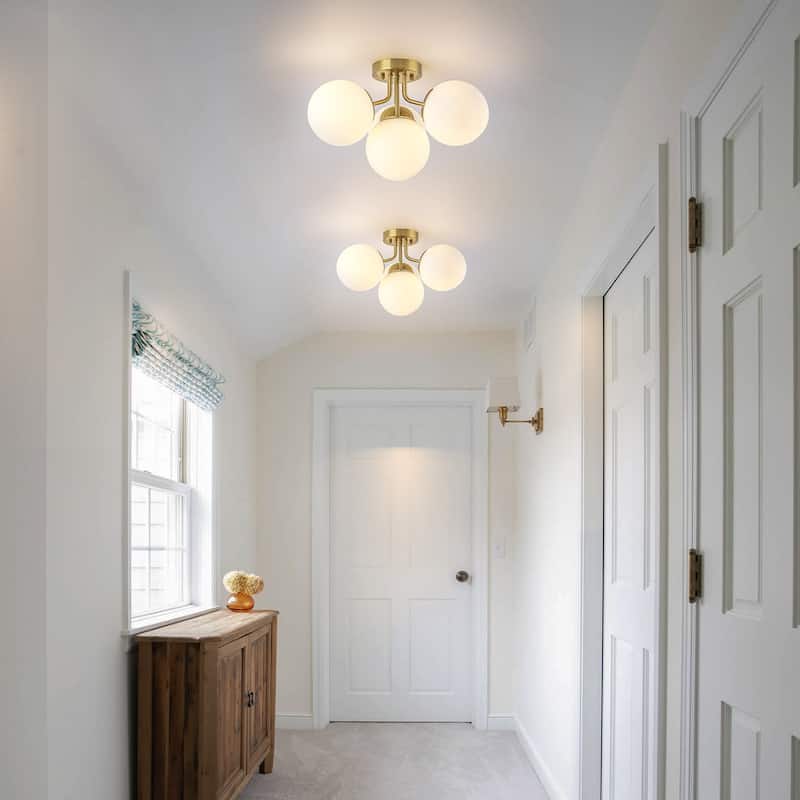 Modern 4-Light Flush Mount Ceiling Light with Opal Glass Globe Shades - Brass - 17.72-in W x 11.02-in H