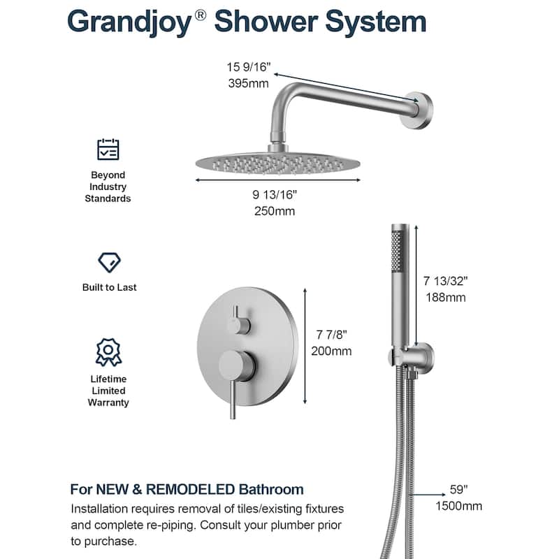 GRANDJOY Wall Mounted Shower System 10" Rainfall Shower Head with Handheld Spray
