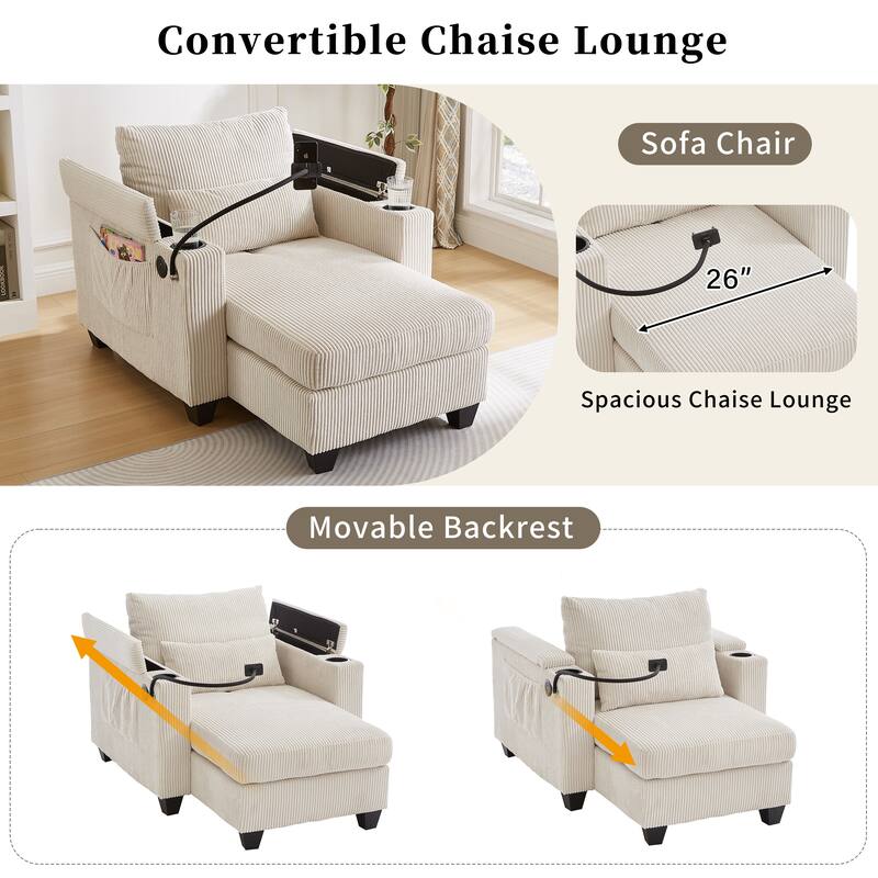 Convertible Chaise Lounge Sofa Chair with USB Ports, Storage 37.4" Corduroy Sleeper Sofa Bed with Adjustable Backrest