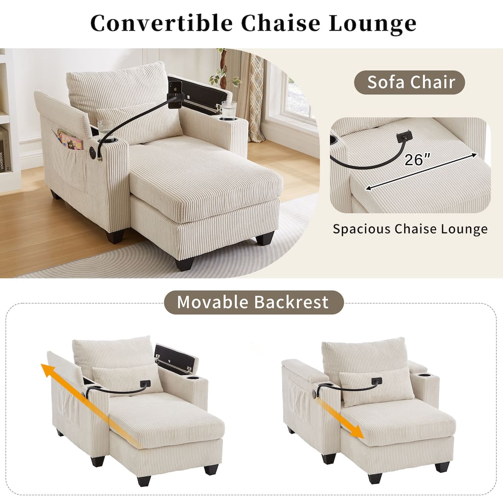Convertible Sleeper Sofa Chaise Lounge with Movable Backrest, Corduroy Reading Chair with USB Ports, Cup Holders & Phone Holder