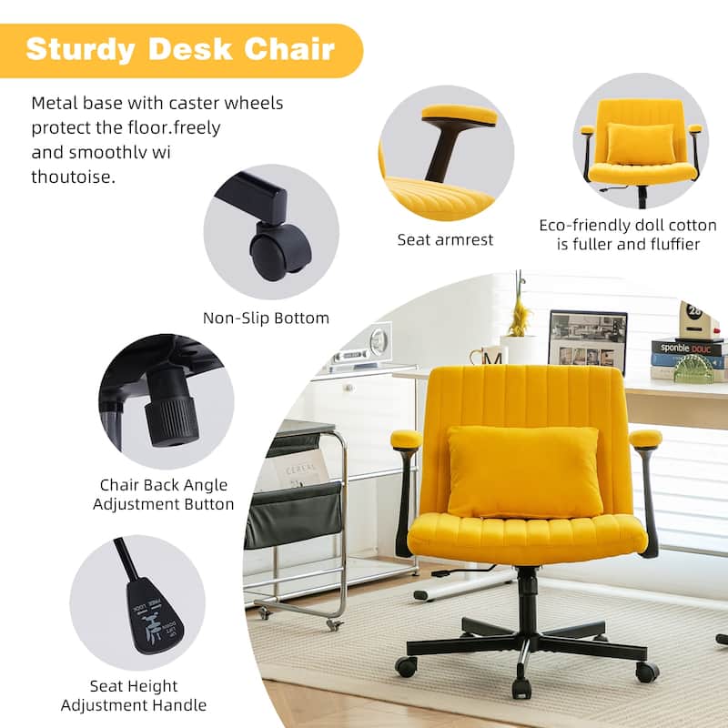 Yellow Cross-Legged Office Chair, Vanity Chair with Adjustable Seats and Wheels, for Home Offices and Studies