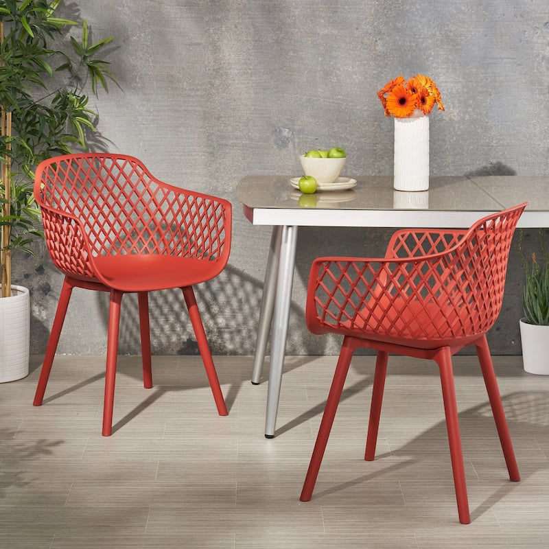 Roomfitters Contemporary Outdoor Armchairs with Diamond Cutout Design and Curved Seat, Stackable Seating Set of 2