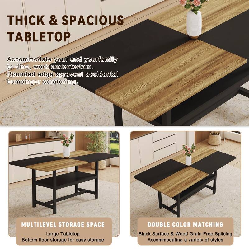 9-Piece Spliced Dining Table with Storage Compartment, Scratch-Resistant MDF Top, Linen-Cotton Chairs, Anti-Slip Feet