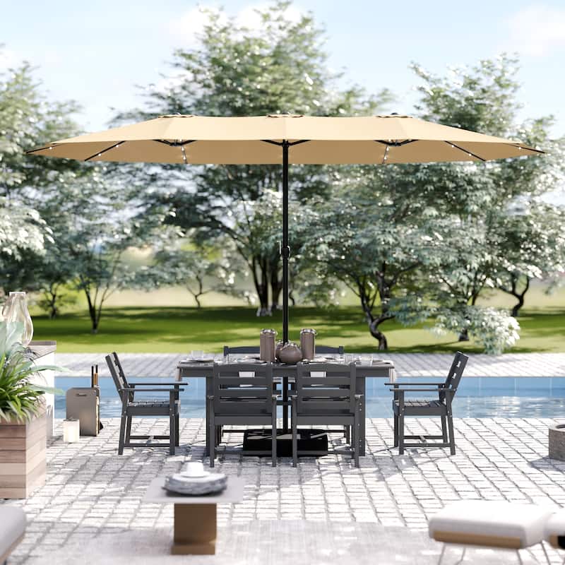 Outdoor Dining Table and Chair Set: HDPE Material, Wood - Grain Design