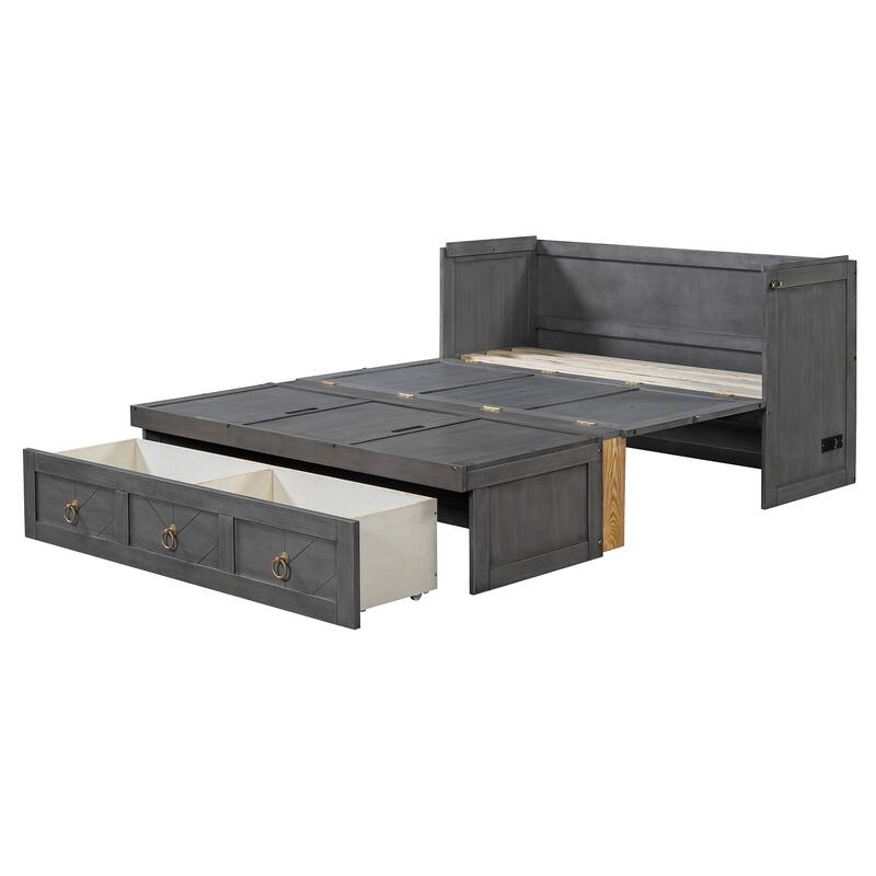Space-Saving Full Murphy Bed with USB Port, Power Outlets & Large Drawer - Convertible Cabinet Design