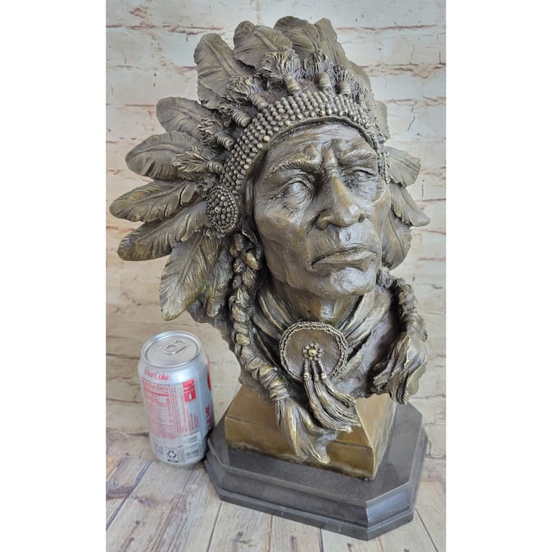 Carl Kauba Large American Warrior Bust Bronze Sculpture Marble Base Statue Decor