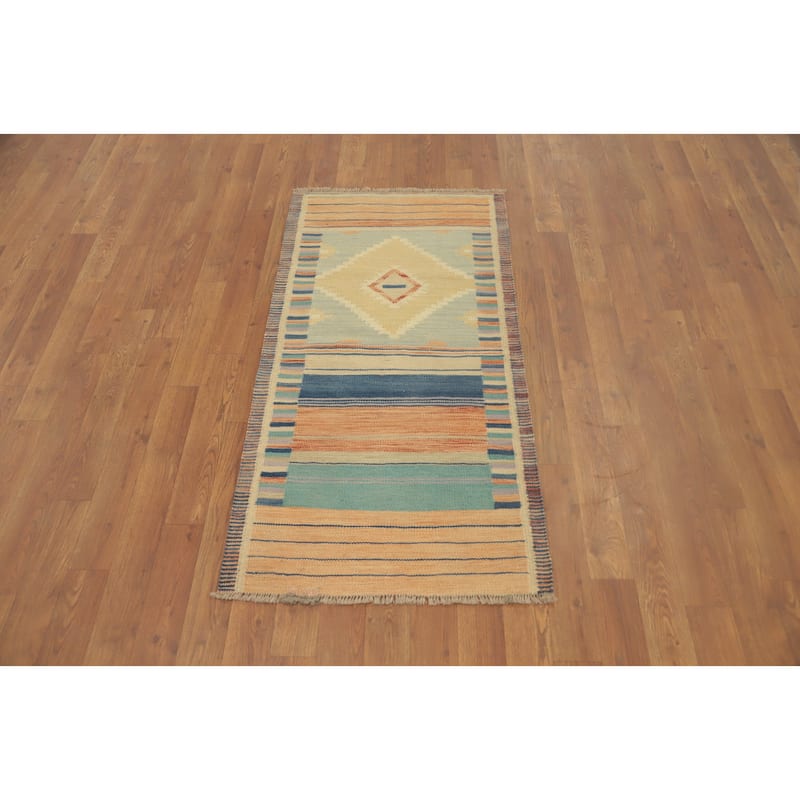 Hand Woven Oriental 100% Wool Carpet Southwestern Tribal Multi-Colored Kilim Area Rug - 4' 0'' X 2' 0''