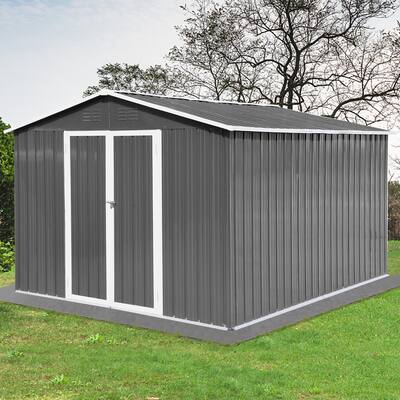 10ft x 8ft Outdoor Storage Shed with Hinged Doors and Vents, Metal Tool Shed for Backyard,Grey