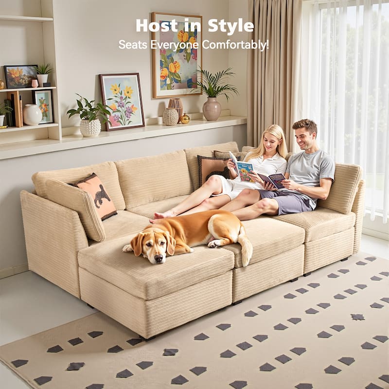 HOOOWOOO Modular U-shaped Corduroy Fabric Sectional Sofa Couch with Ottoman