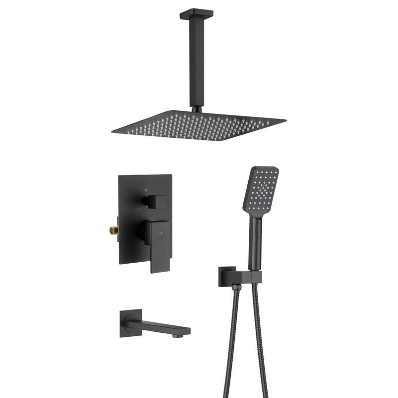 Pressure Balanced Ceiling Mounted 3-Function Shower System with Rough In Valve - Matte Black