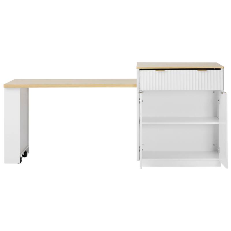 82.6" Fluted Kitchen Island with Extendable Table, Power Outlet & Storage for 4-6