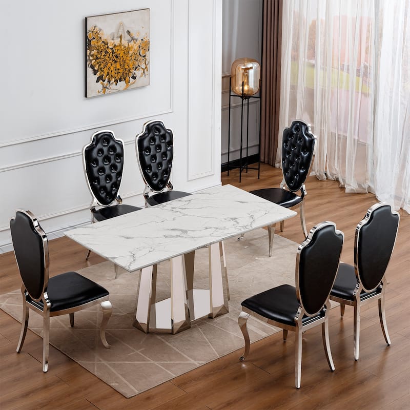GDFStudio - Rose Series 70'' Rectangle Faux Marble Dining Table 6 People with Modern Large Size