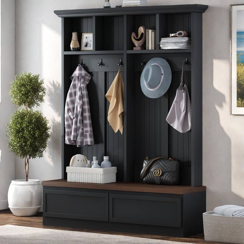 4-in-1 Hall Tree with Wood Grain Bench