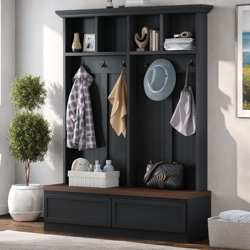 Farmhouse 4-in-1 Hall Tree with Wood Grain Bench, Mudroom Versatile Coat Rack with 2 Large Drawer, Entrance Organizer, 55.9"W - Black + Dark Walnut