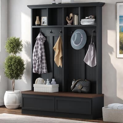Farmhouse 4-in-1 Storage Hall Tree with Wood Bench, 2 Large Drawer