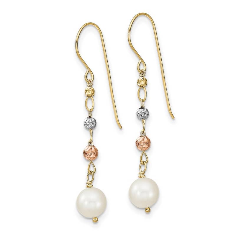 Curata 14k Two Tone Gold 40.6x6.33mm Diamond Cut Beads Freshwater Cultured Pearls Hook Earrings